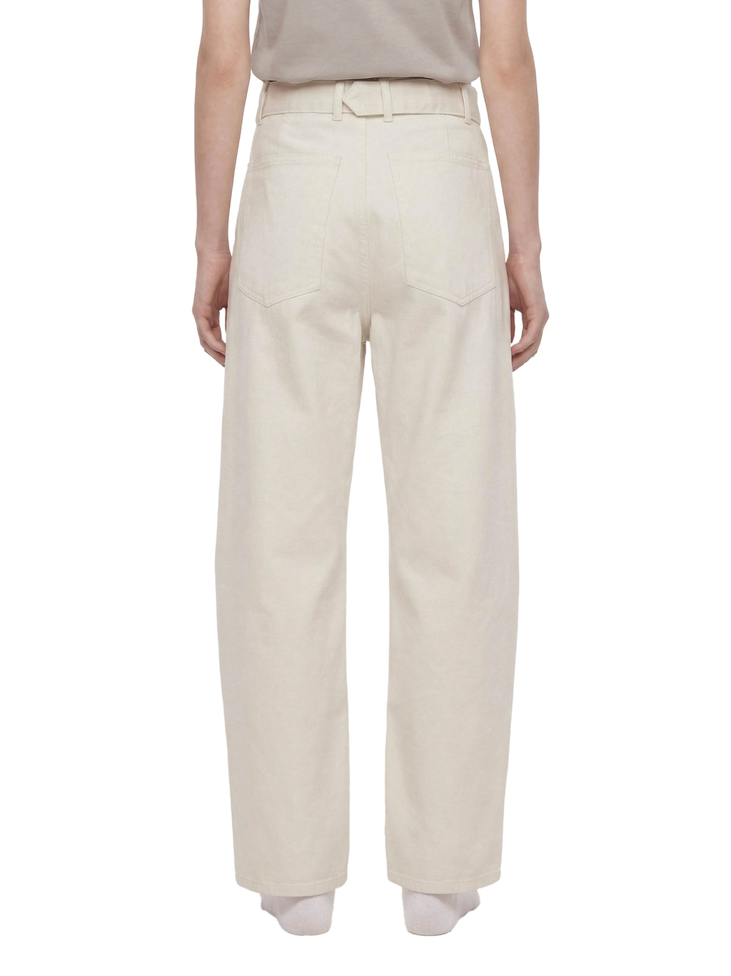 ODMPOD belted barrel-leg chino pants with front pockets and relaxed fit, shown in a neutral color on a hanger.