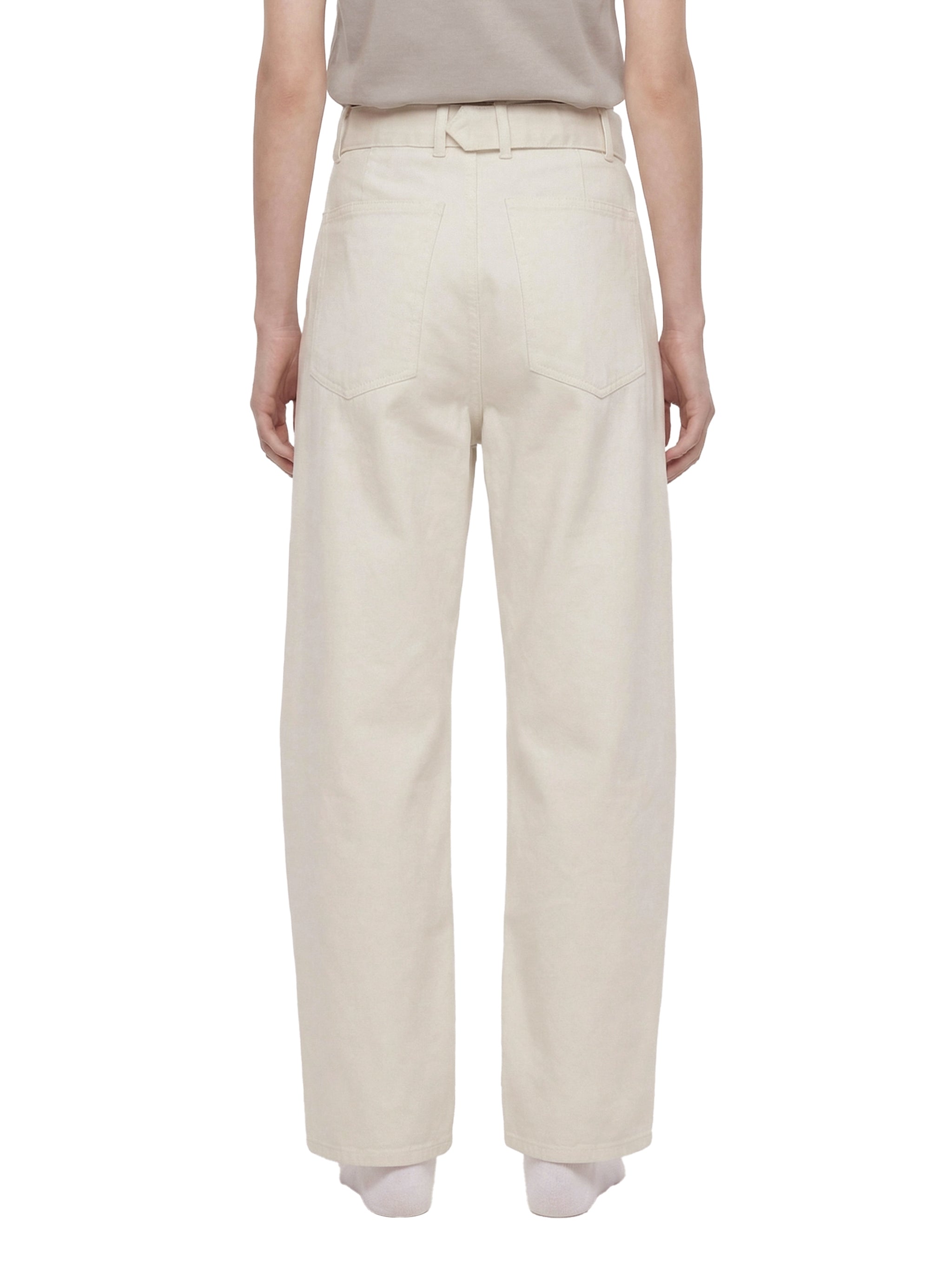 ODMPOD belted barrel-leg chino pants with front pockets and relaxed fit, shown in a neutral color on a hanger.