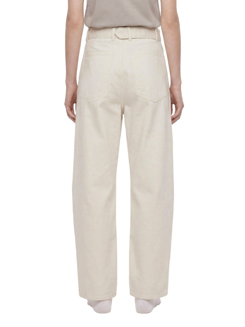 ODMPOD belted barrel-leg chino pants with front pockets and relaxed fit, shown in a neutral color on a hanger.
