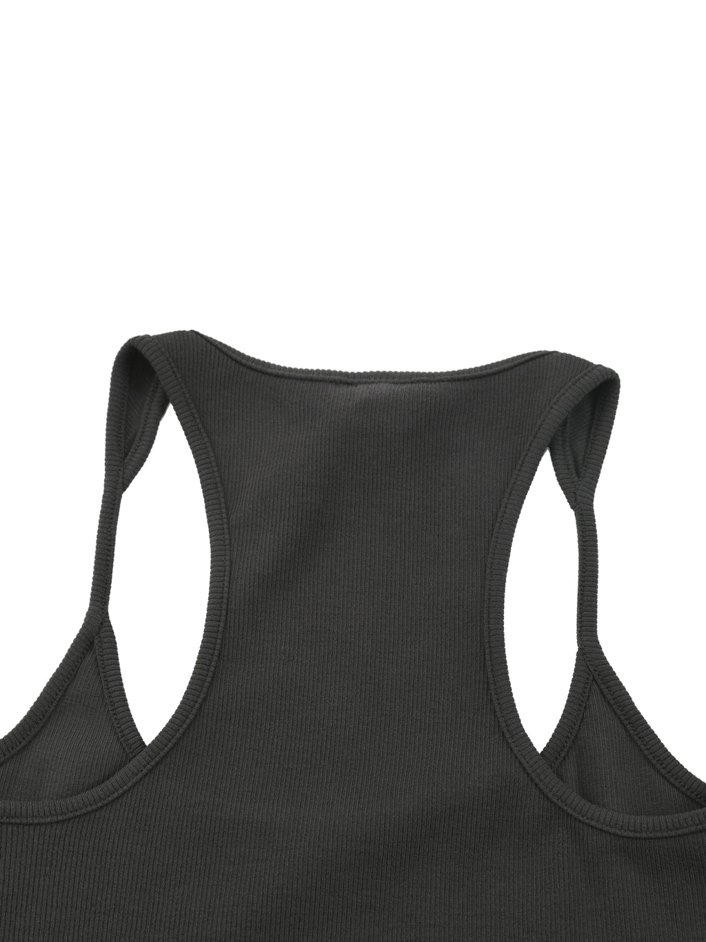 Slim fit ribbed racerback tank top by ODMPOD, featuring a close-up of the fitted, textured ribbed fabric and racerback design.