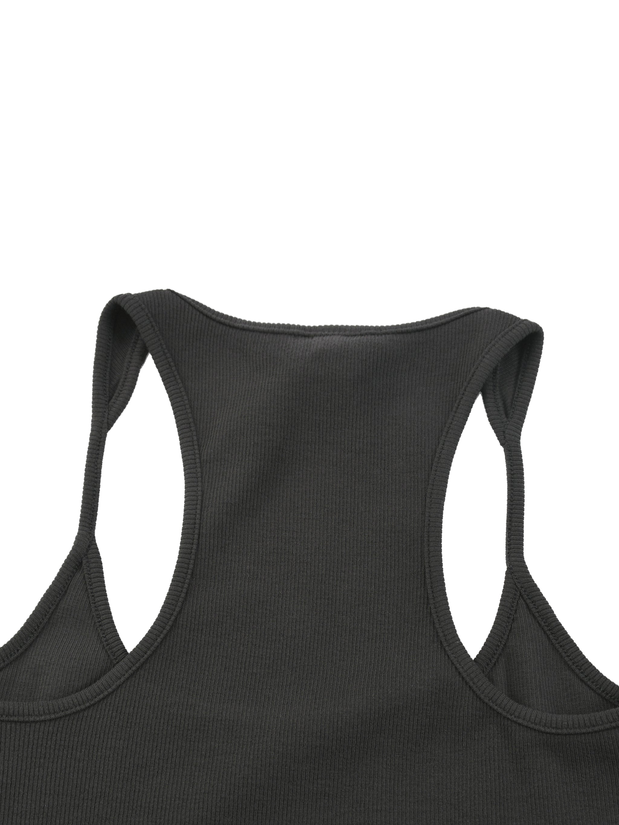 Slim fit ribbed racerback tank top by ODMPOD, featuring a close-up of the fitted, textured ribbed fabric and racerback design.
