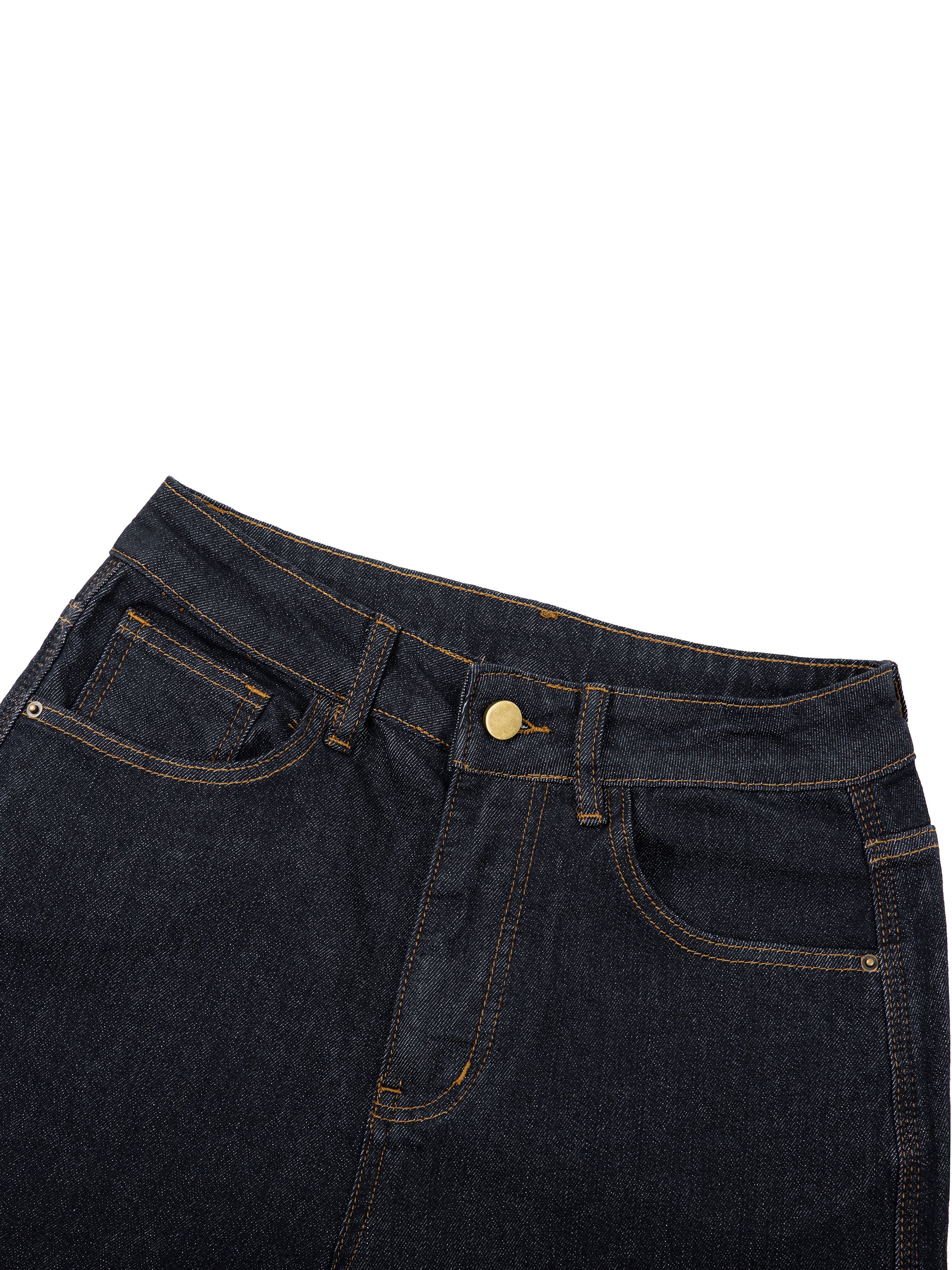 Pair of ODMPOD straight-leg denim jeans showing classic blue denim fabric and clean, fitted silhouette on a neutral background.