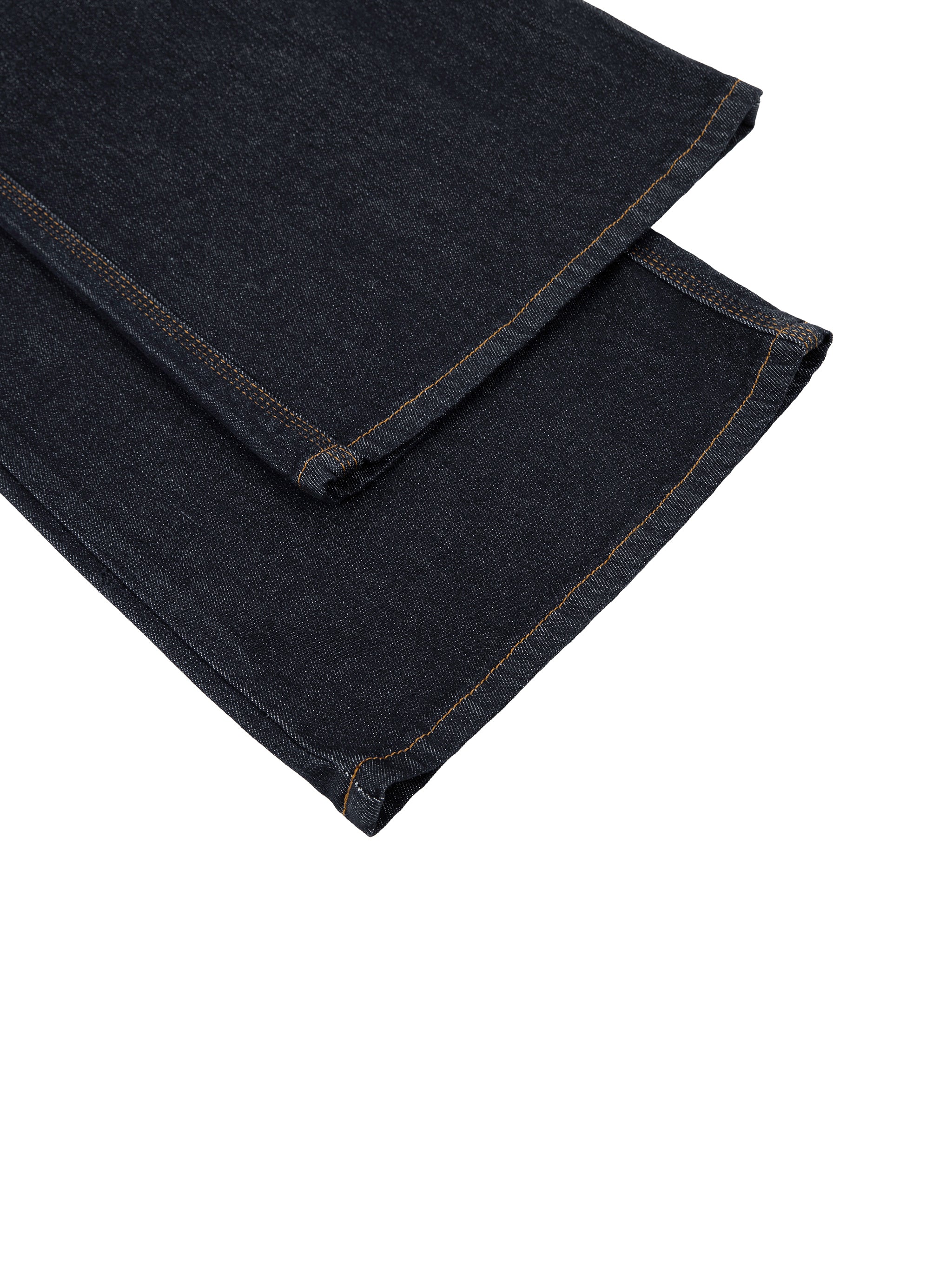 ODMPOD straight-leg denim jeans displayed on a model, showcasing classic blue cotton fabric and fitted leg style.