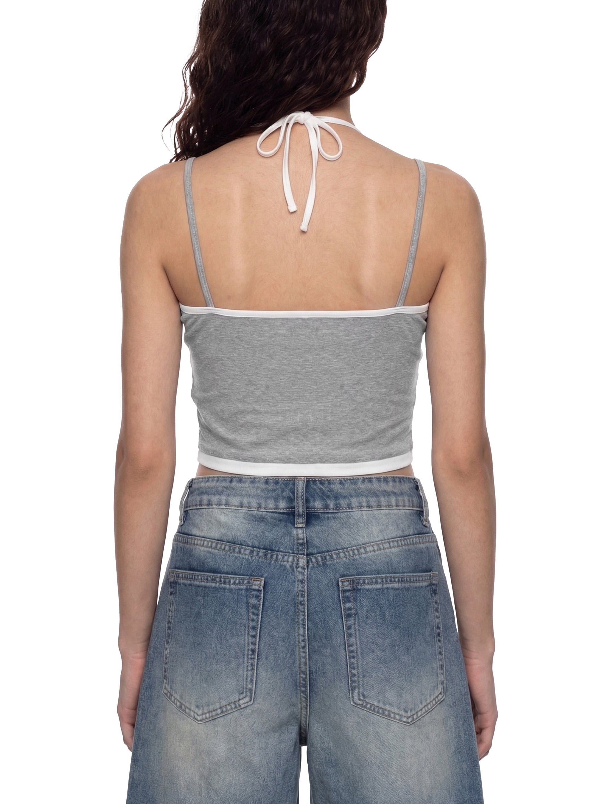 ODMPOD contrast binding halter tank top with stylish design, featuring a fitted silhouette and sleeveless style for casual wear.