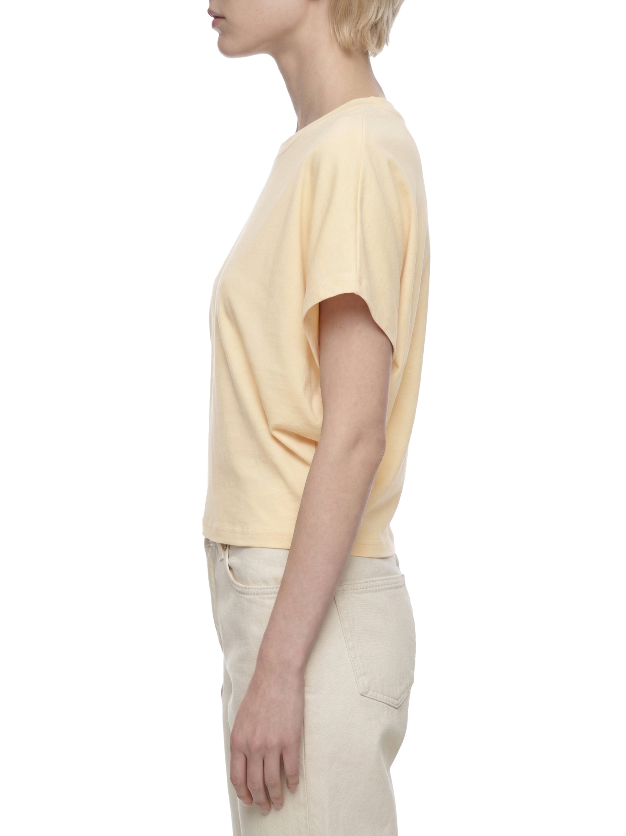 ODMPOD cropped dolman T-shirt in soft fabric, shown in a relaxed fit with short sleeves and a stylish, modern design.