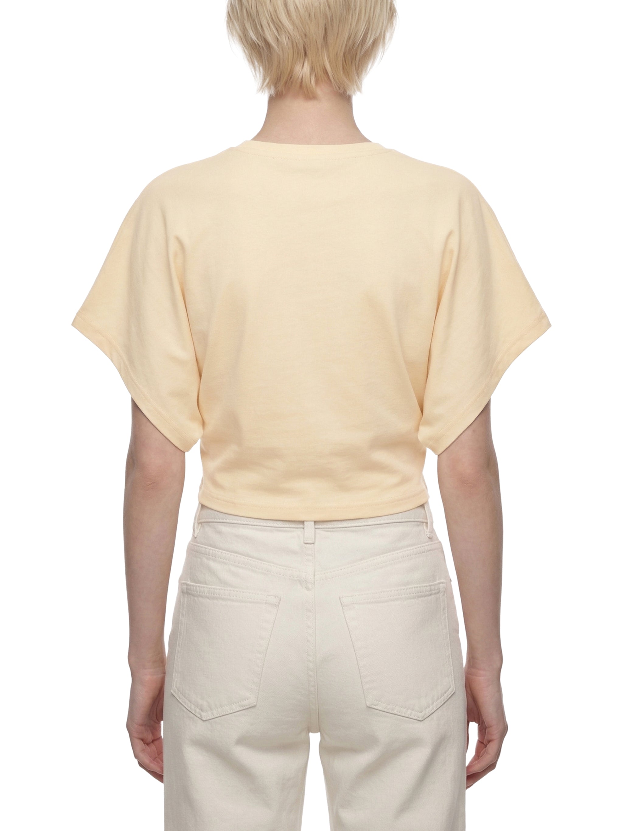 ODMPOD cropped dolman T-shirt in soft fabric, featuring a relaxed fit with short sleeves and a stylish, modern design.