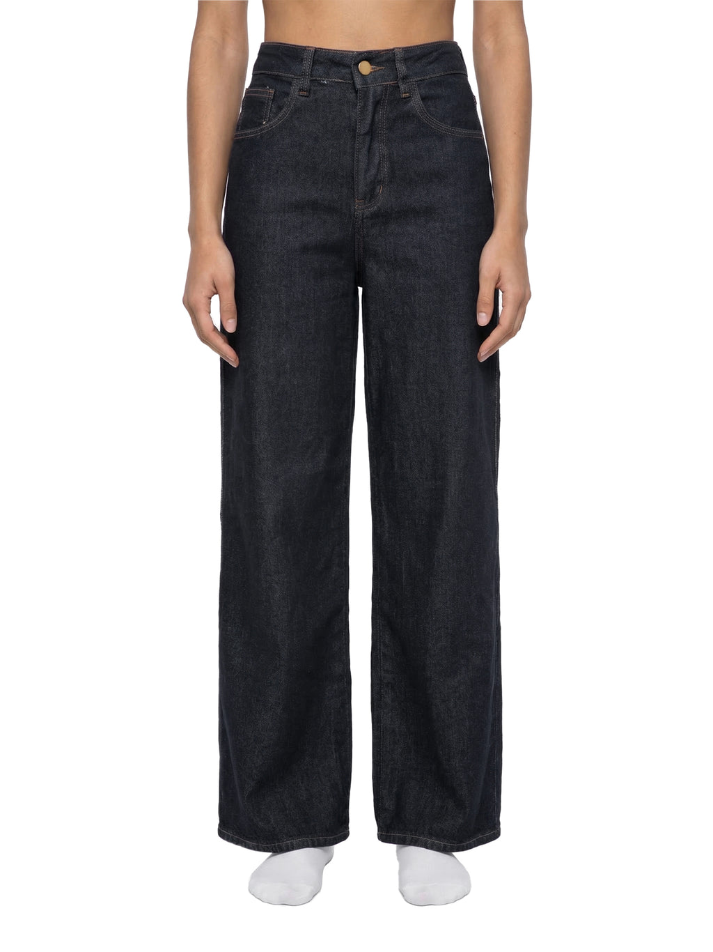 ODMPOD straight-leg denim jeans showing classic blue denim fabric and sleek fit on a model.