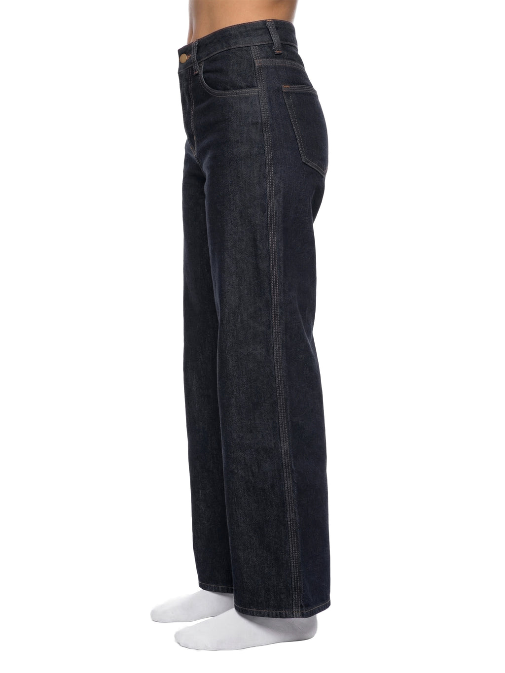 ODMPOD straight-leg denim jeans, blue cotton jeans with classic fit and visible stitching on front, displayed on a neutral background.