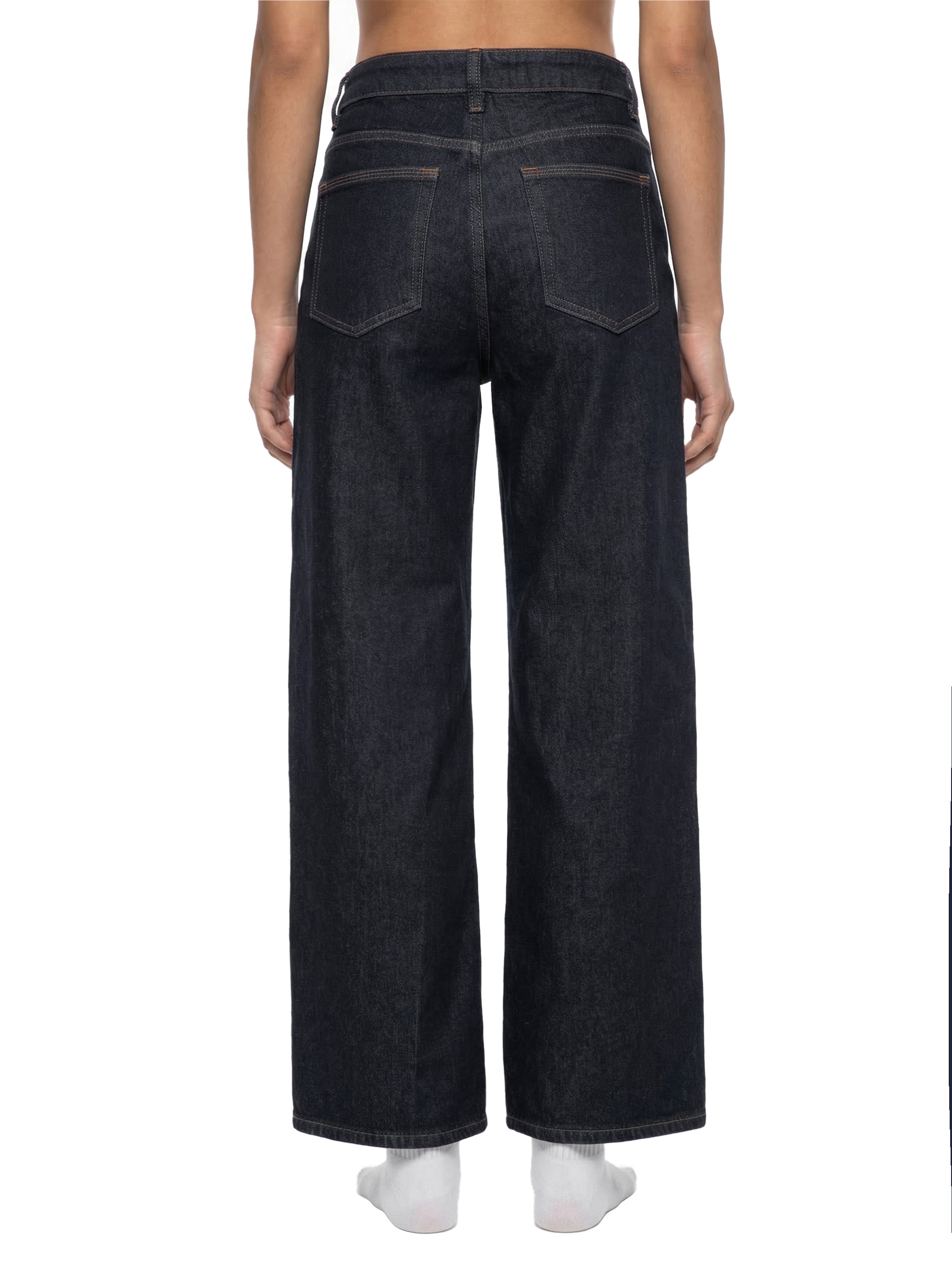 ODMPOD straight-leg denim jeans, showing classic blue fabric with stitching and a fitted waist, casual and versatile style.