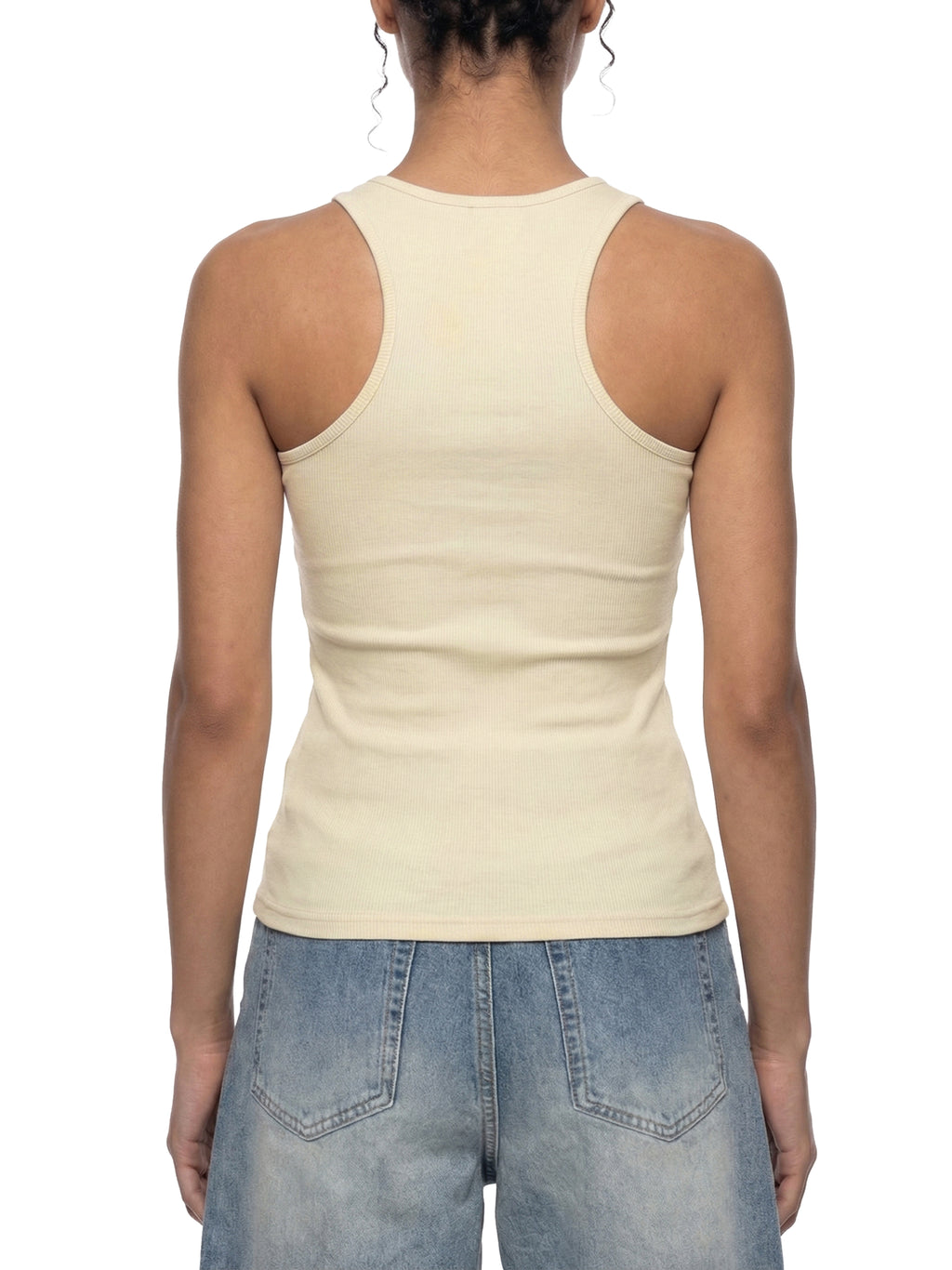 Slim fit ribbed racerback tank top by ODMPOD, showing the fitted design and ribbed fabric in a natural pose.