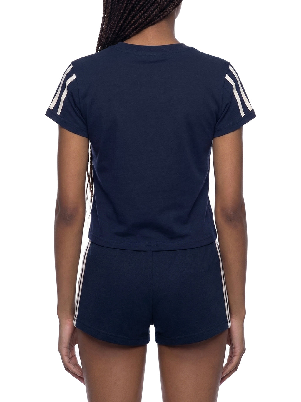 White varsity stripe T-shirt by ODMPOD featuring bold horizontal stripes and a classic crew neck style.