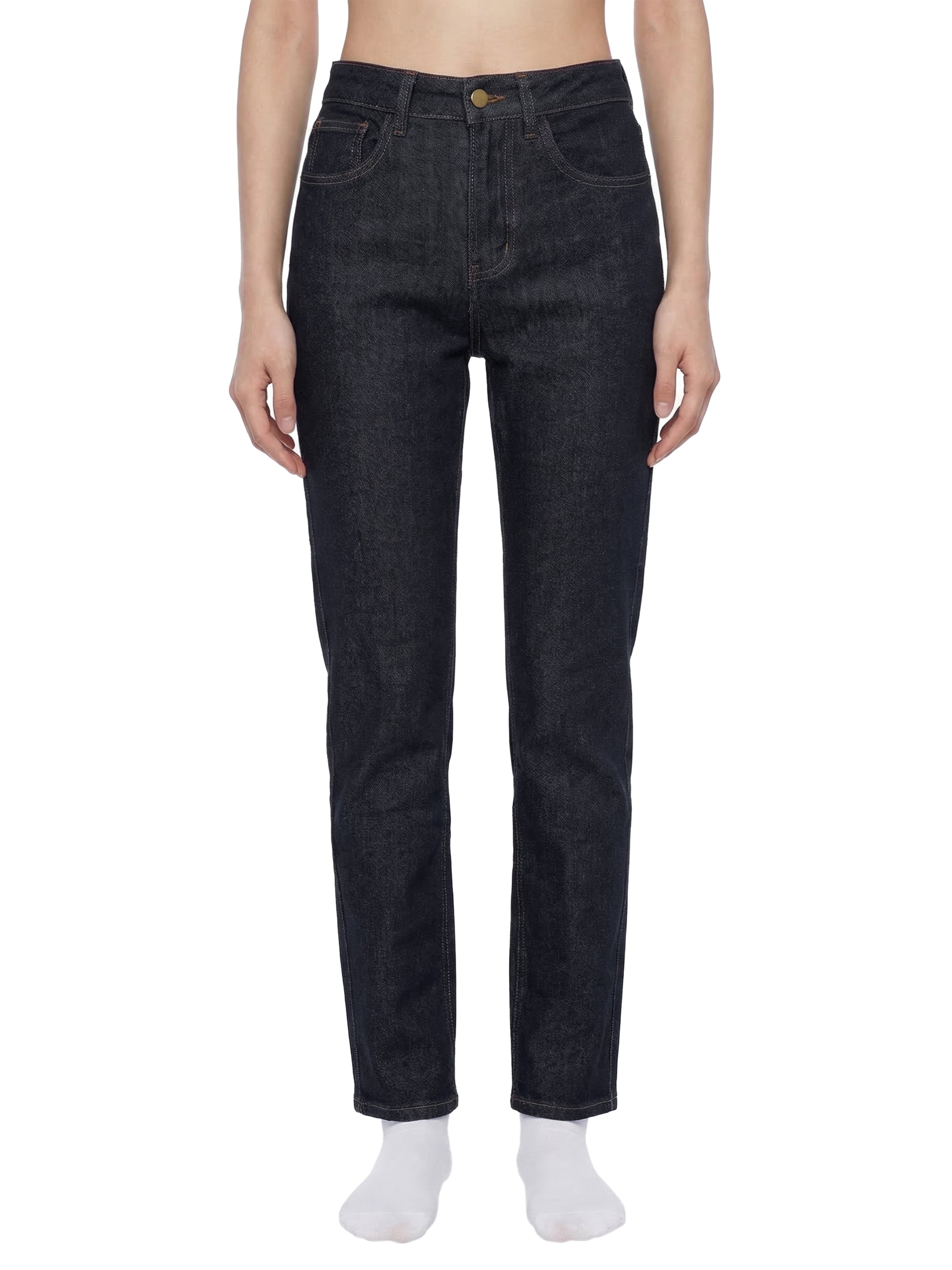 ODMPOD high-rise skinny jeans displayed on a model, showcasing their fit and style in a casual fashion setting.