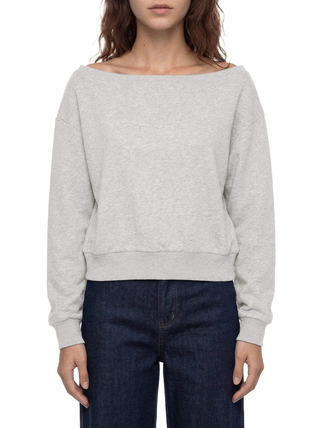 Off-shoulder ODMPOD sweatshirt with long sleeves and relaxed fit, displayed on a hanger in a casual style.
