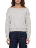 Off-shoulder ODMPOD sweatshirt with long sleeves and relaxed fit, displayed on a hanger in a casual style.