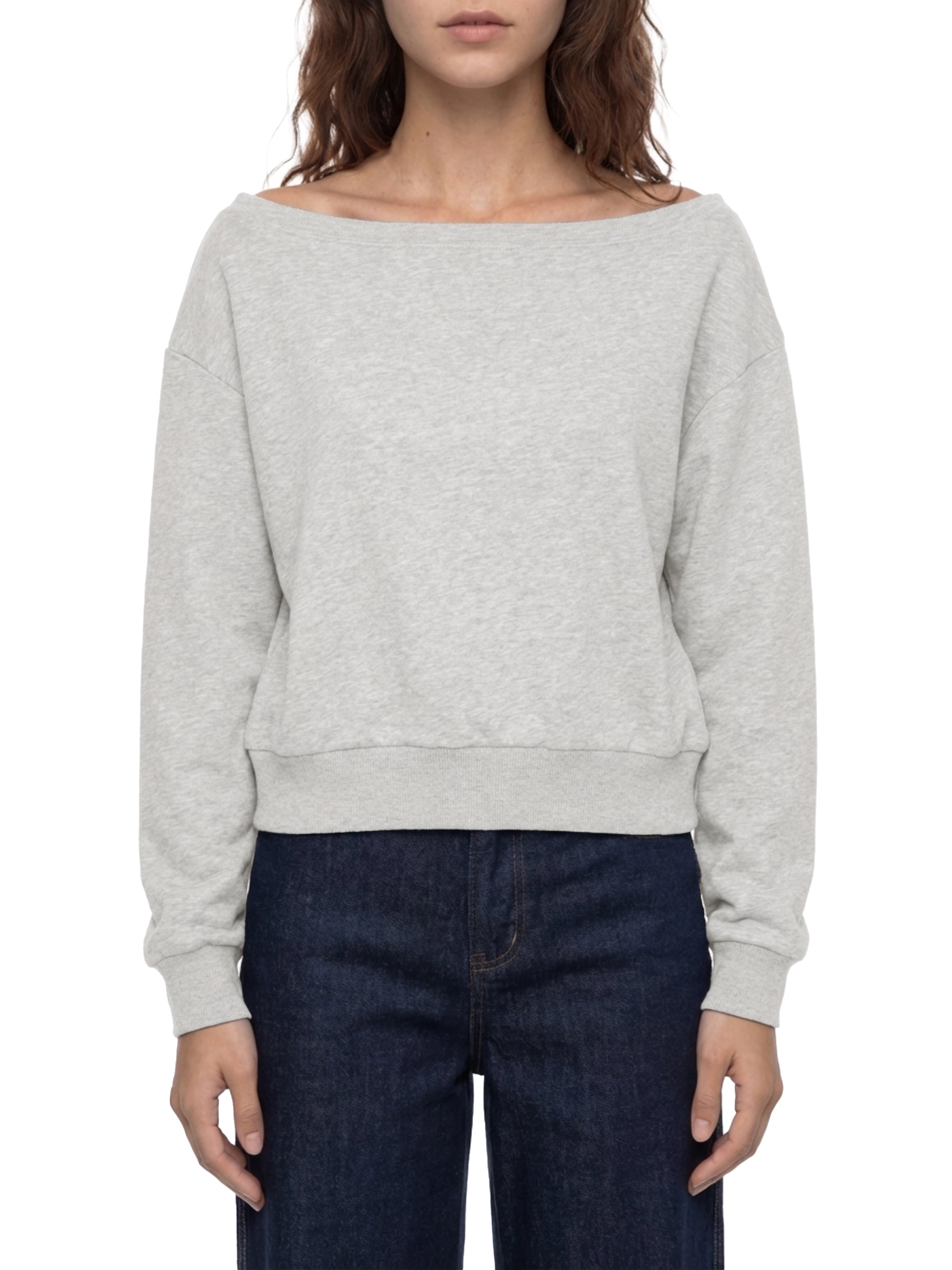 Off-shoulder ODMPOD sweatshirt with long sleeves and relaxed fit, displayed on a hanger in a casual style.