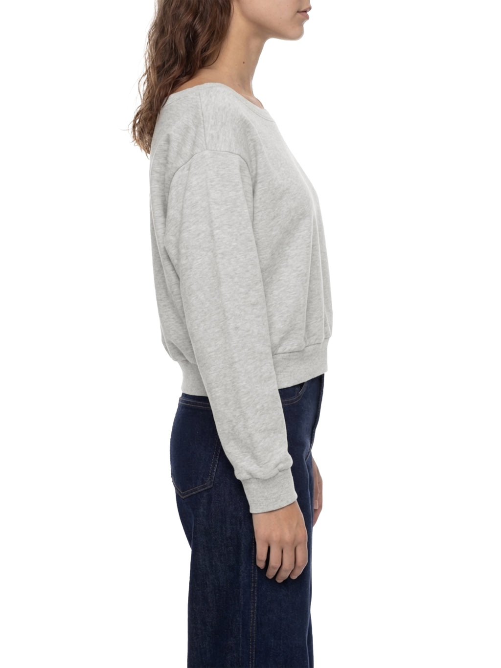 Off-shoulder ODMPOD sweatshirt in soft fabric, featuring a relaxed fit and casual style with exposed shoulders.
