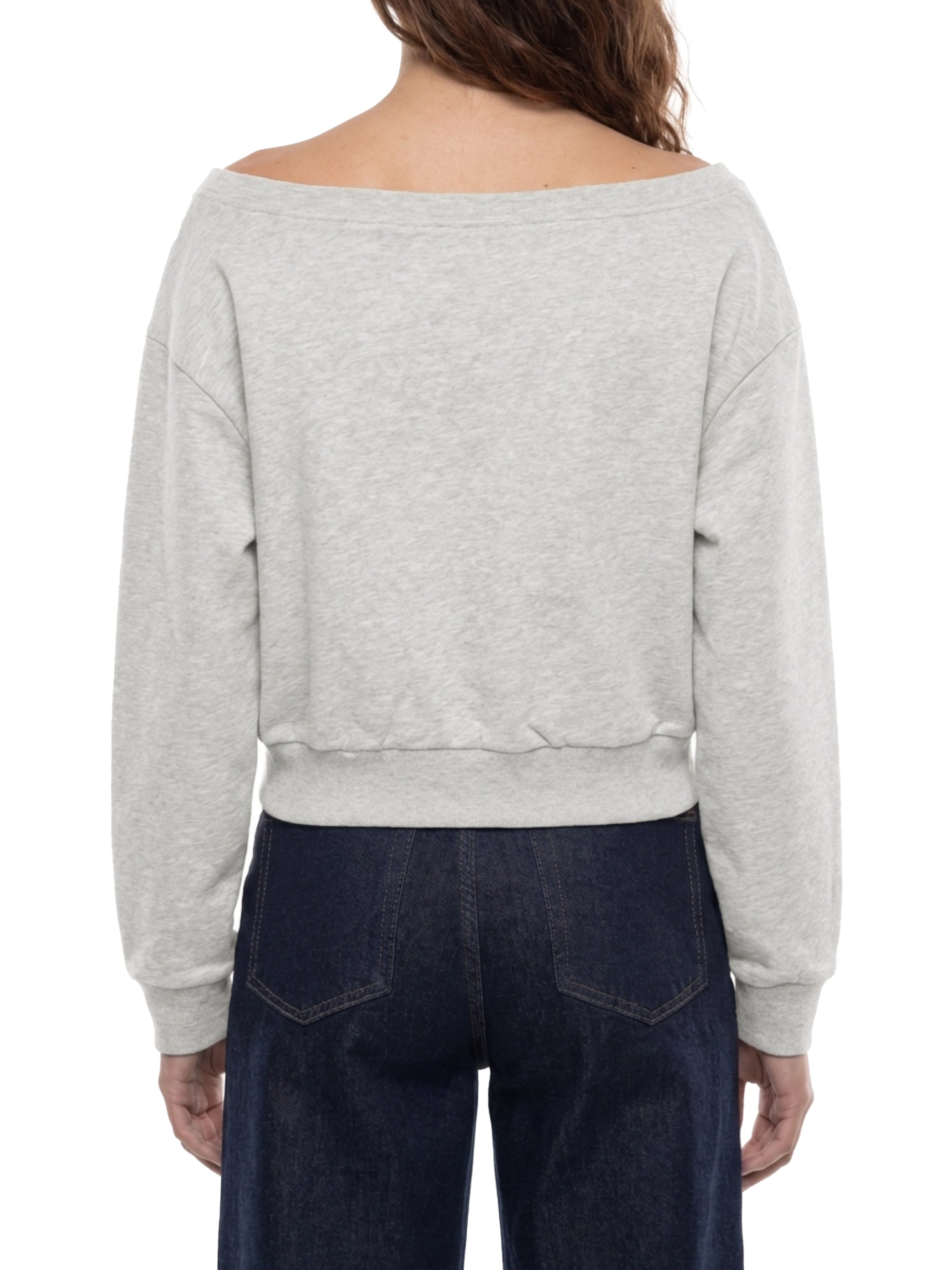 ODMPOD off-shoulder sweatshirt in soft fabric, shown on a model with a relaxed fit and casual style.