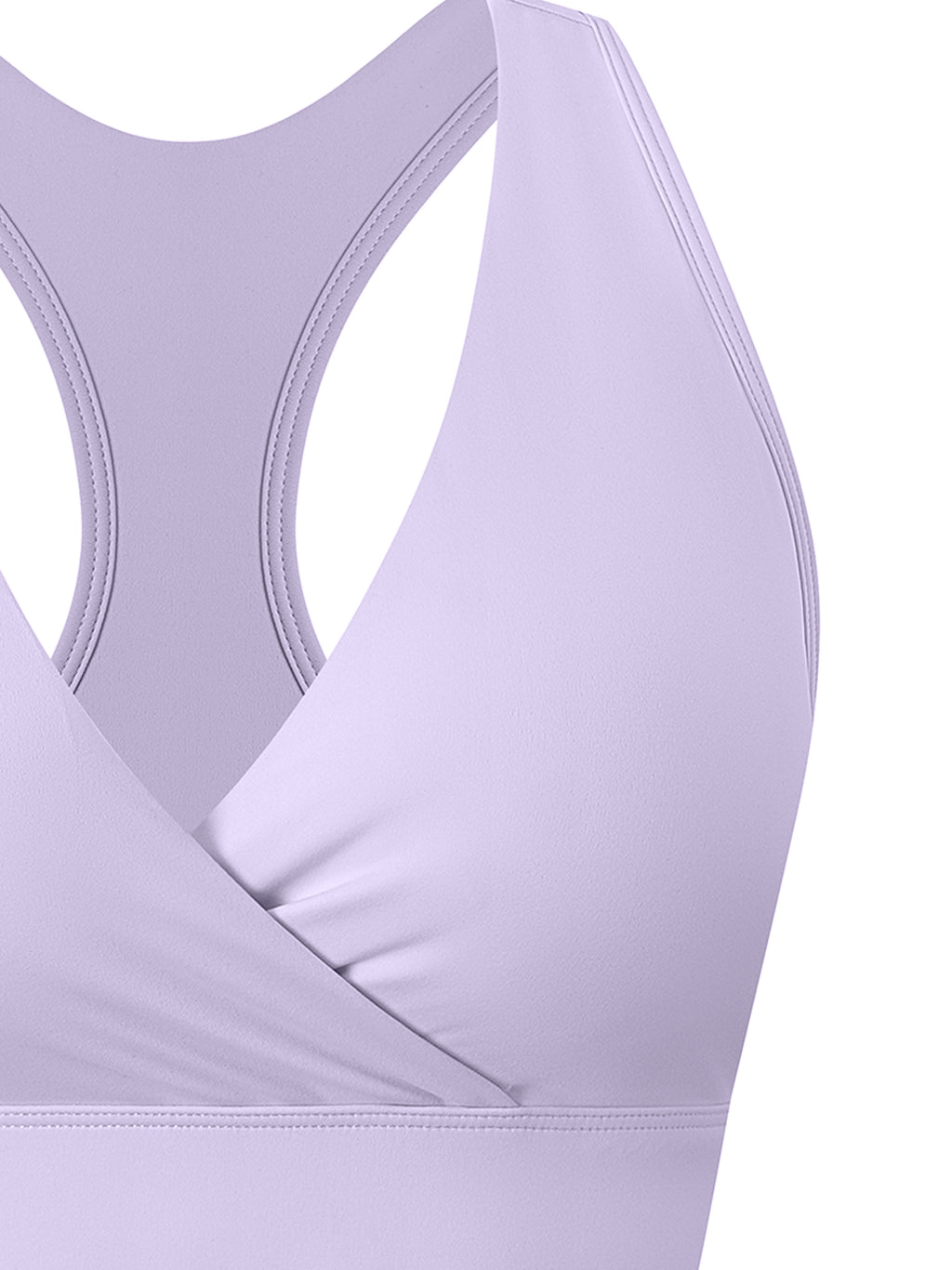 ODMPOD crossover V-neck sports bra in white, featuring supportive design and breathable fabric for active wear.