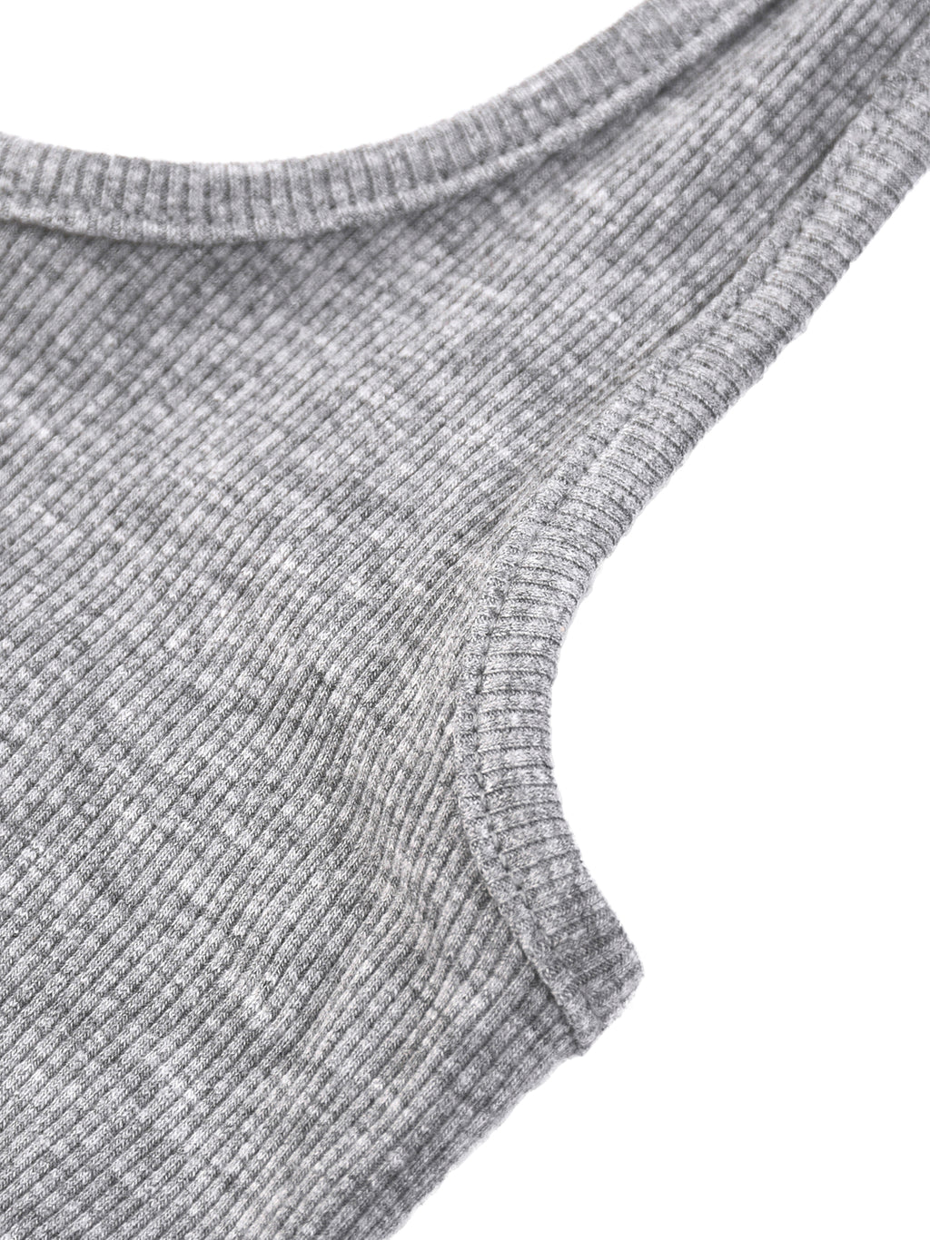 White ribbed Henley tank top by ODMPOD, close-up showing textured fabric and button details at the neckline.