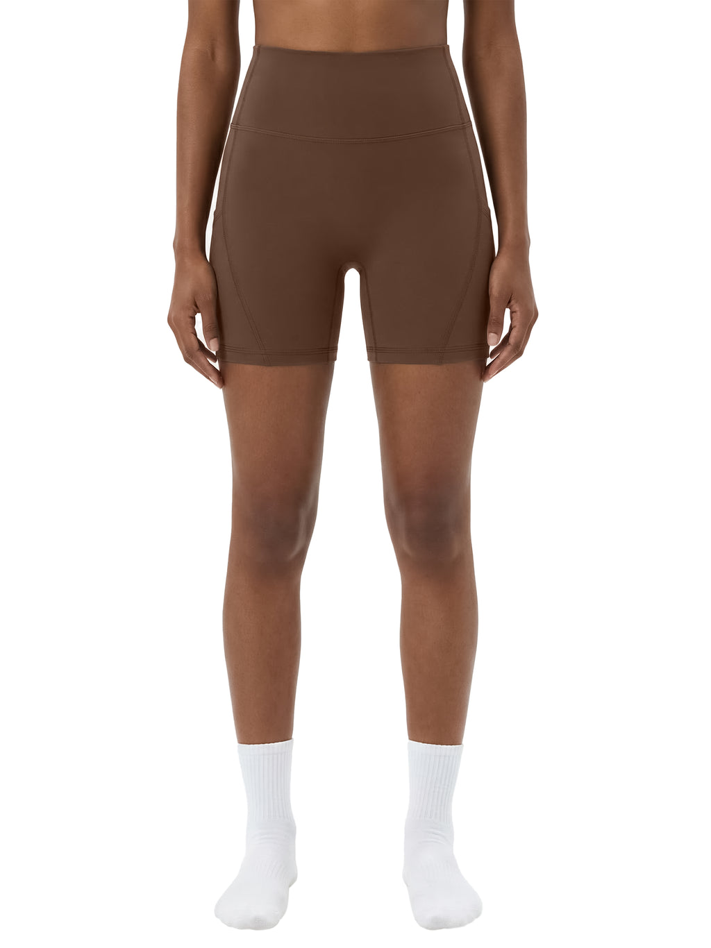 Odmpod high-waisted pocket biker shorts featuring a snug fit, front pockets, and a sleek, stylish design for active and casual wear.
