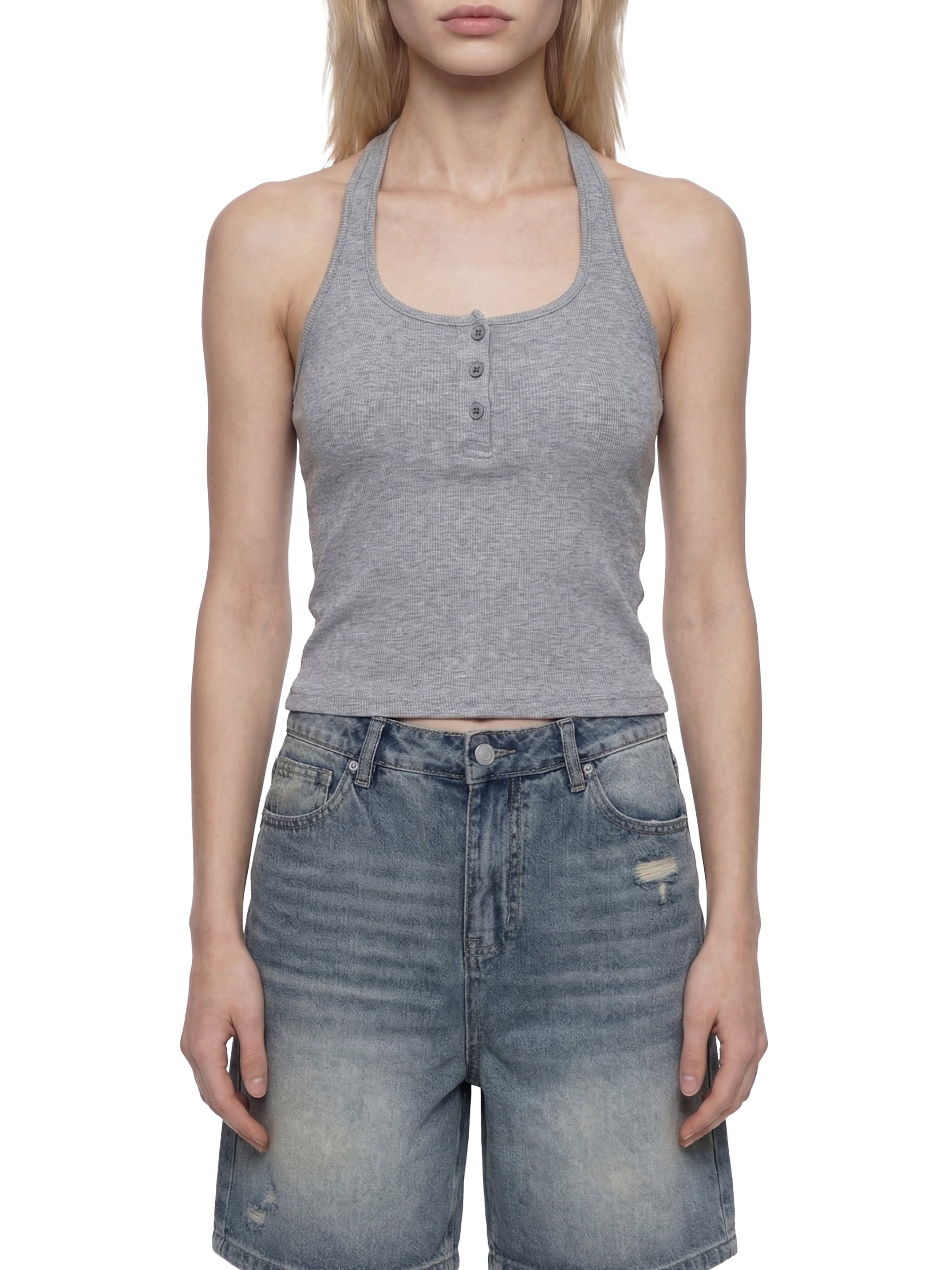 White ribbed Henley tank top by ODMPOD, close-up showing textured fabric and button details on the sleeveless shirt