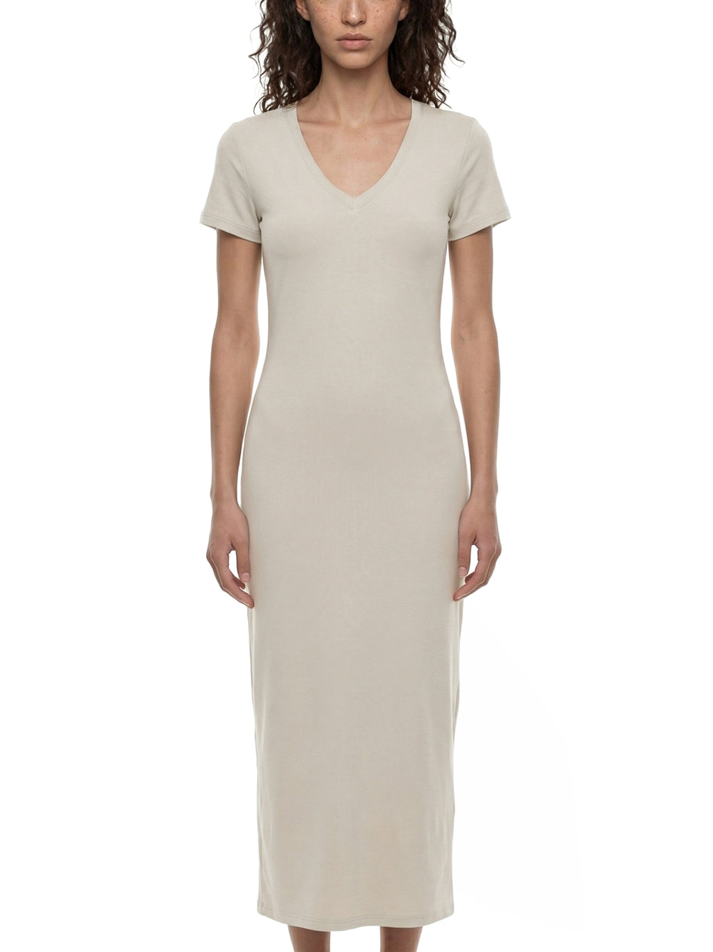 ODMPOD v-neck short sleeve maxi dress with flowing fabric, shown hanging on a white background. Stylish and comfortable summer dress.