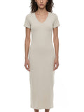 ODMPOD v-neck short sleeve maxi dress with flowing fabric, shown hanging on a white background. Stylish and comfortable summer dress.