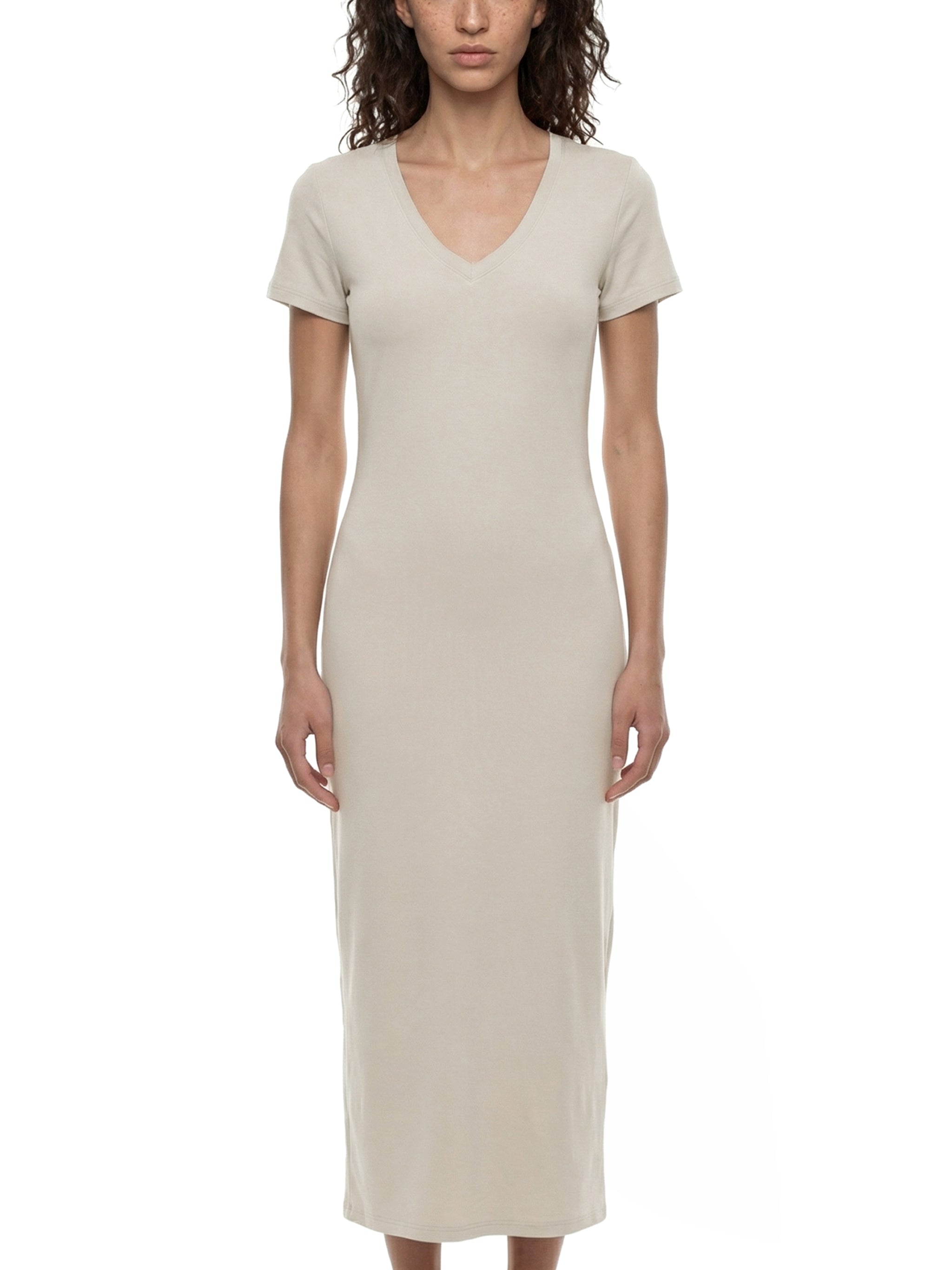 ODMPOD v-neck short sleeve maxi dress with flowing fabric, shown hanging on a white background. Stylish and comfortable summer dress.