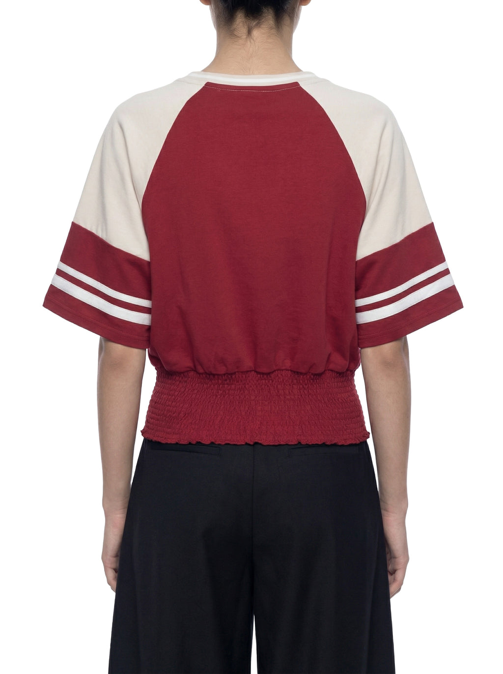 ODMPOD color block ruched T-shirt with short sleeves and stylish design, featuring vibrant color blocking and ruched detailing.