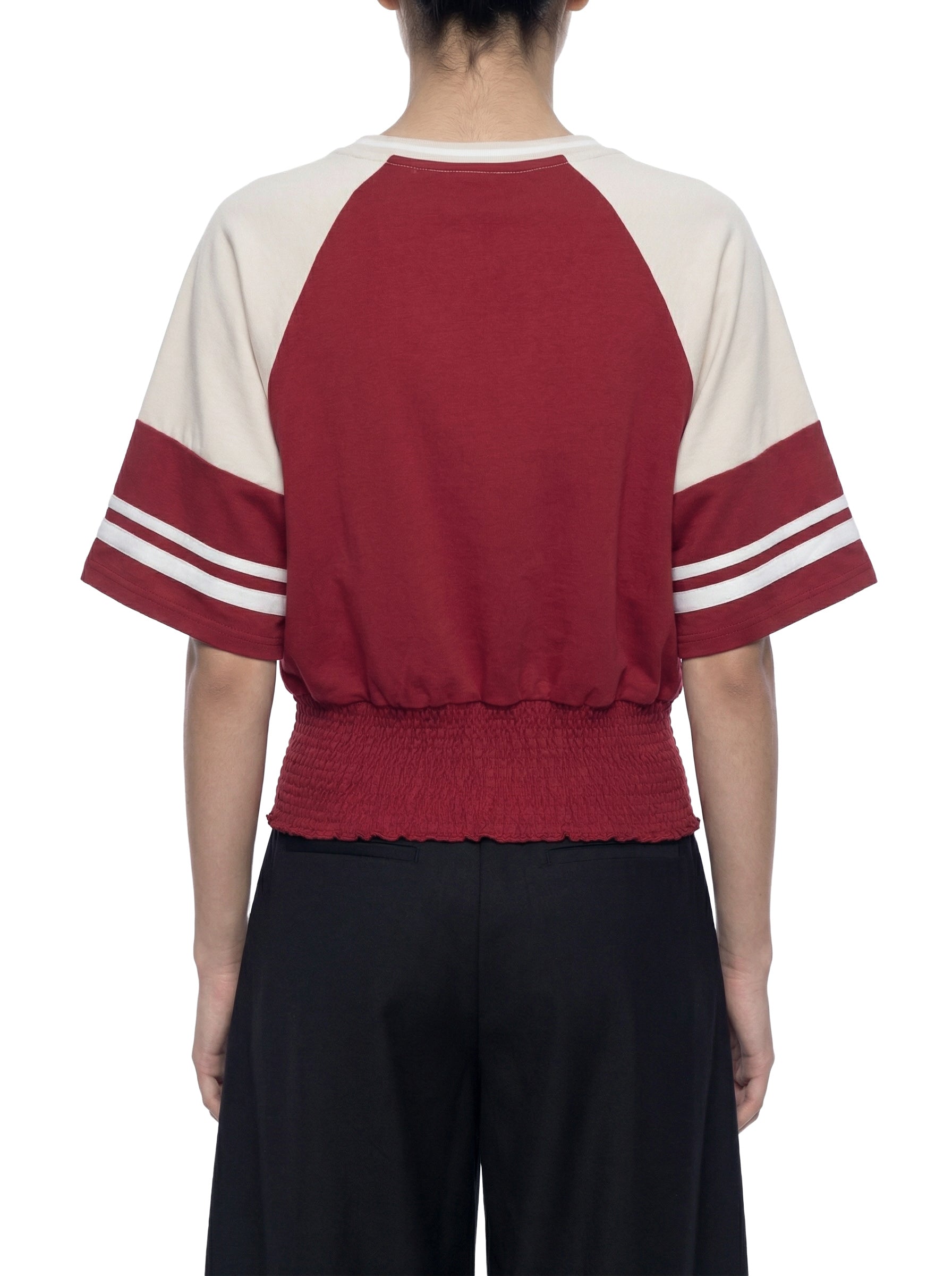 ODMPOD color block ruched T-shirt with short sleeves and stylish design, featuring vibrant color blocking and ruched detailing.