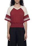 ODMPOD color block ruched T-shirt featuring a stylish design with ruching detail on the front, casual and trendy for everyday wear.