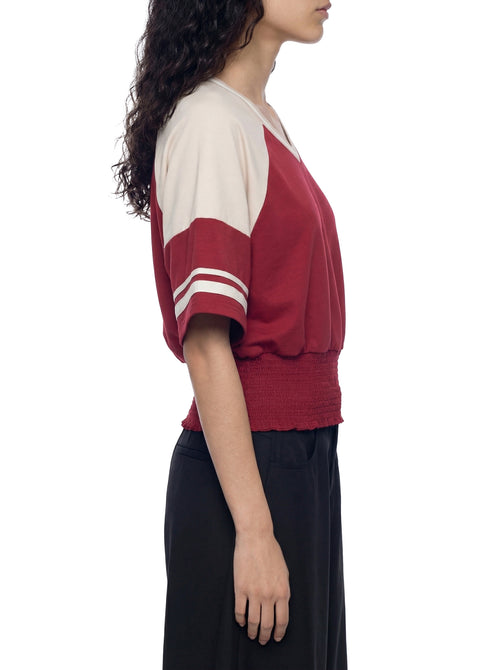 ODMPOD color block ruched T-shirt with mixed fabric panels, casual style, and fitted design, shown in a front view.