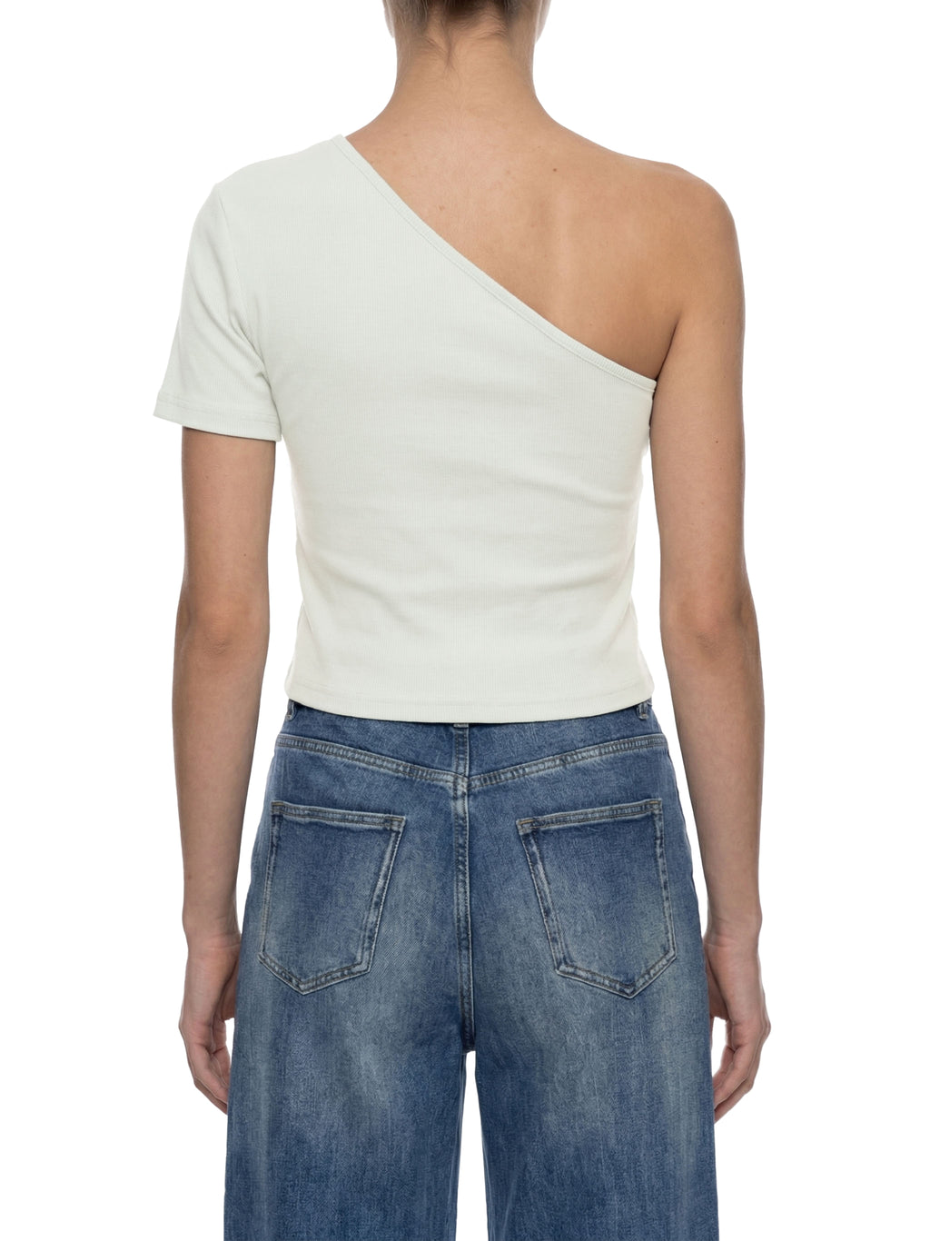 ODMPOD one-shoulder crop T-shirt displayed on a model, stylish and fitted, perfect for casual fashion and trendy looks