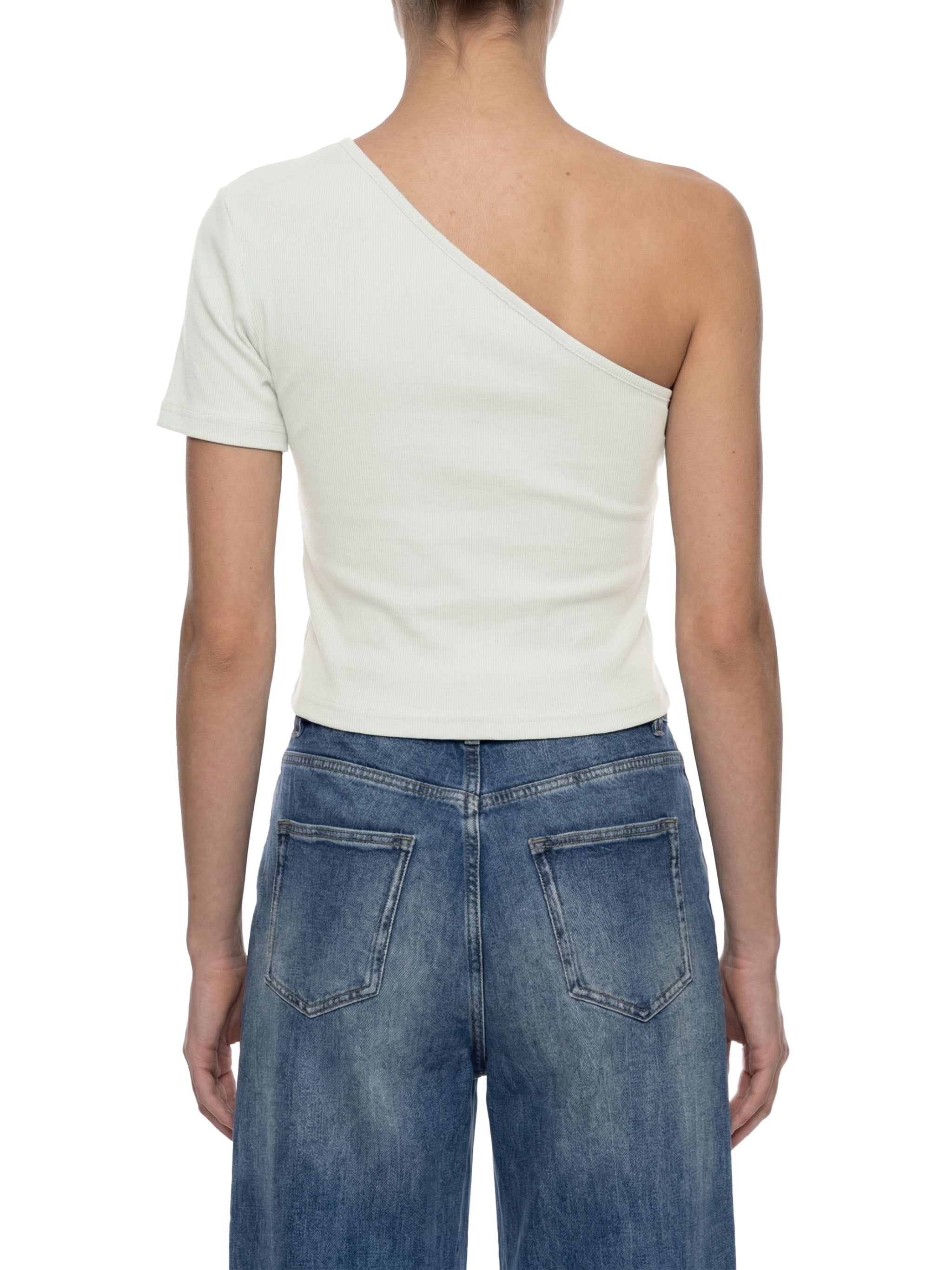 ODMPOD one-shoulder crop T-shirt displayed on a model, stylish and fitted, perfect for casual fashion and trendy looks