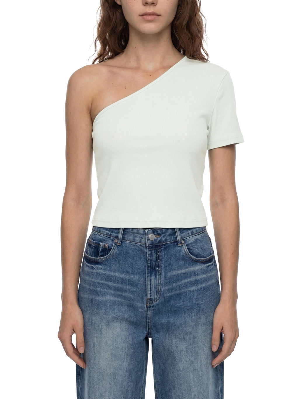 ODMPOD one-shoulder crop T-shirt, featuring a stylish asymmetrical design and casual fit, shown in a close-up front view.