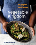 Vegetable Kingdom book by Red Rice Books featuring vibrant cover with colorful vegetables and vegan recipe illustrations.