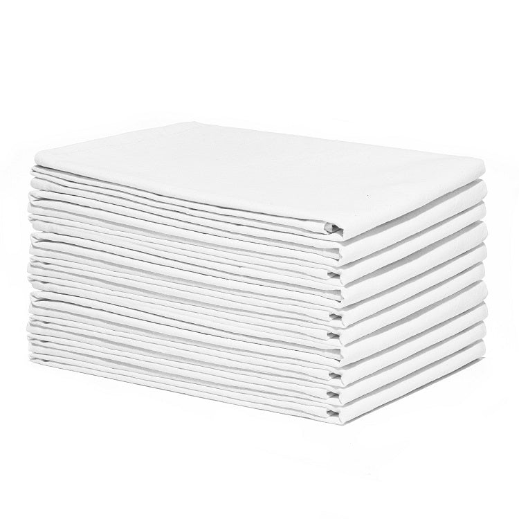 White flour sack kitchen towels made from organic cotton, featuring a soft, durable design suitable for kitchen use.