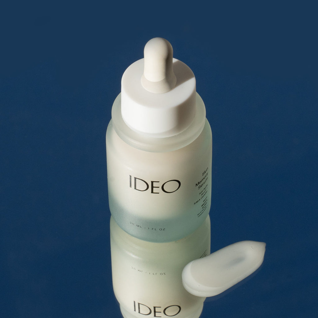 IDEOSkincare Skin Memory Serum bottle with dropper, showcasing the face serum in a sleek, modern packaging design.