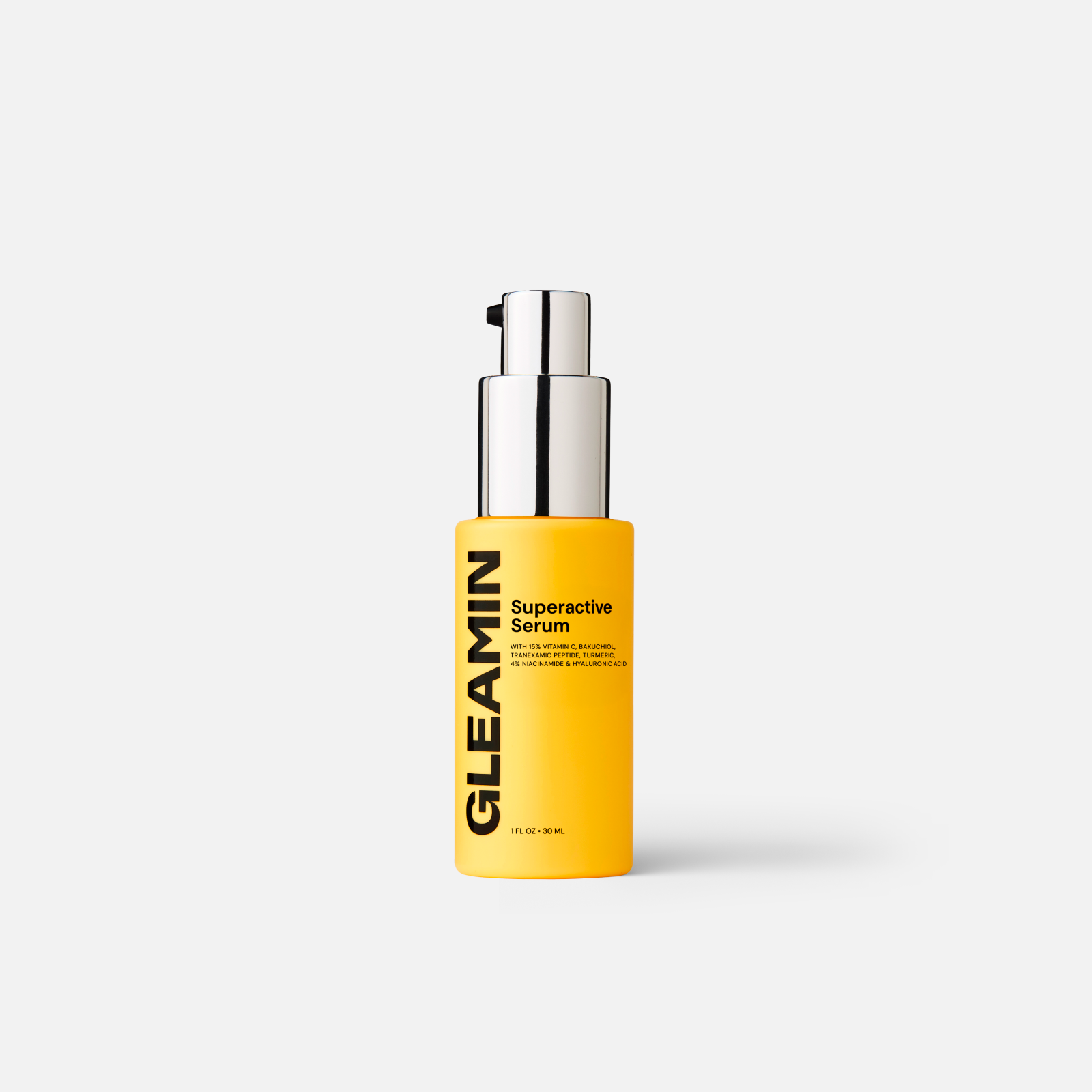 Gleamin Superactive Face Serum in a clear bottle with a dropper, showcasing the skincare product for glowing skin.