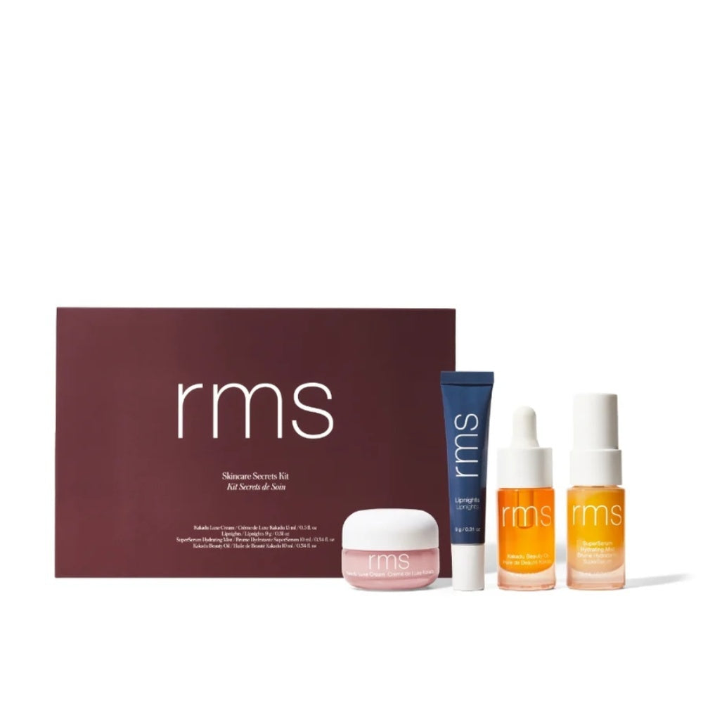 RMS Beauty Skincare Secrets Travel Kit featuring skincare products in a compact set for on-the-go beauty routines.