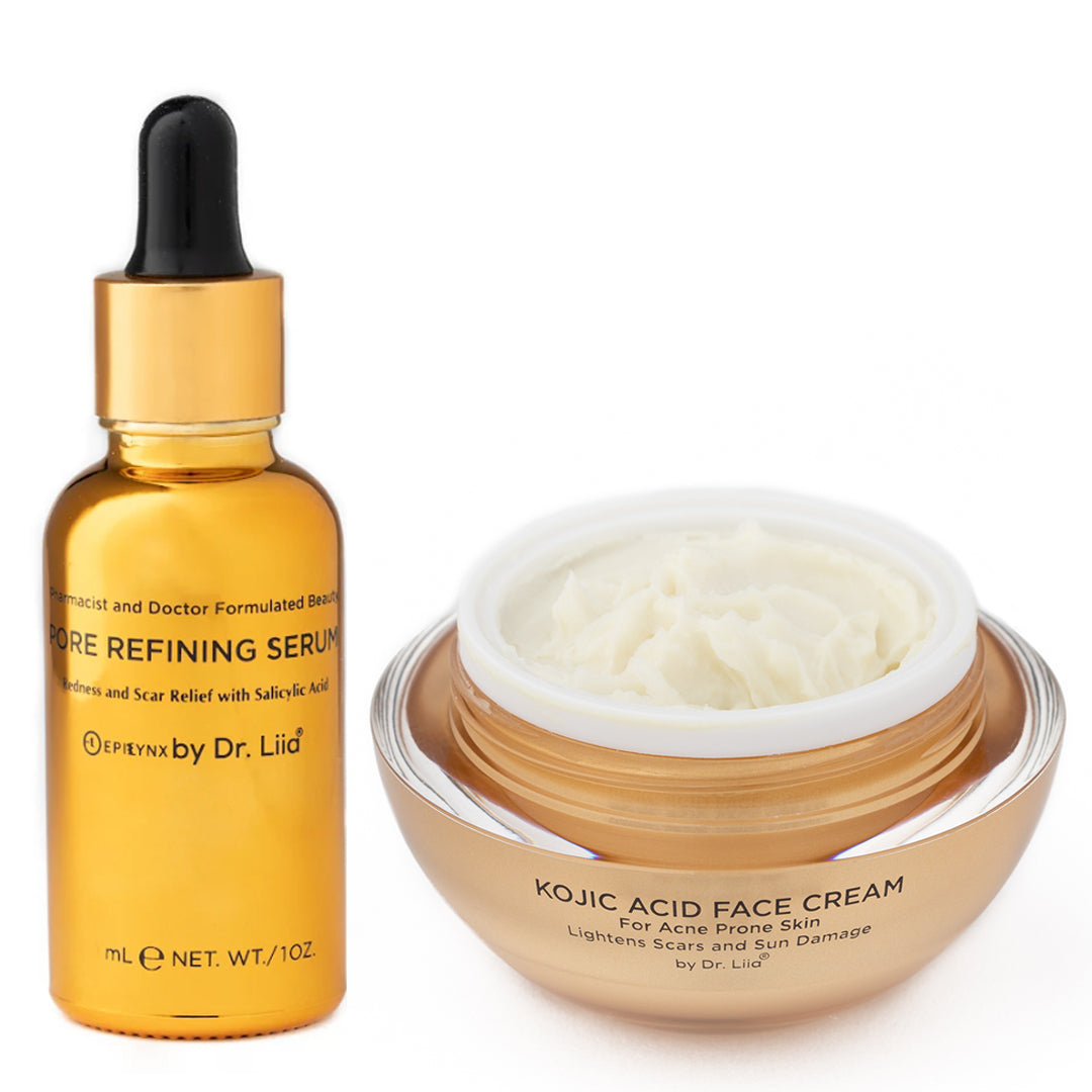 EpiLynx pore refining and brightening skincare set with serum and cream, vegan and hypoallergenic, for radiant skin.
