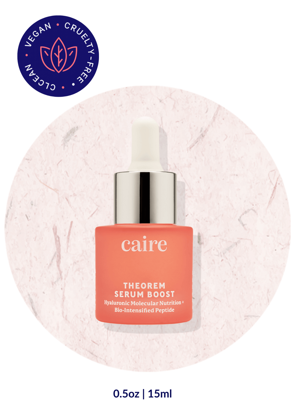 Caire Beauty Theorem Serum Boost bottle with dropper, clear serum inside, on a white background, showcasing the skincare product.