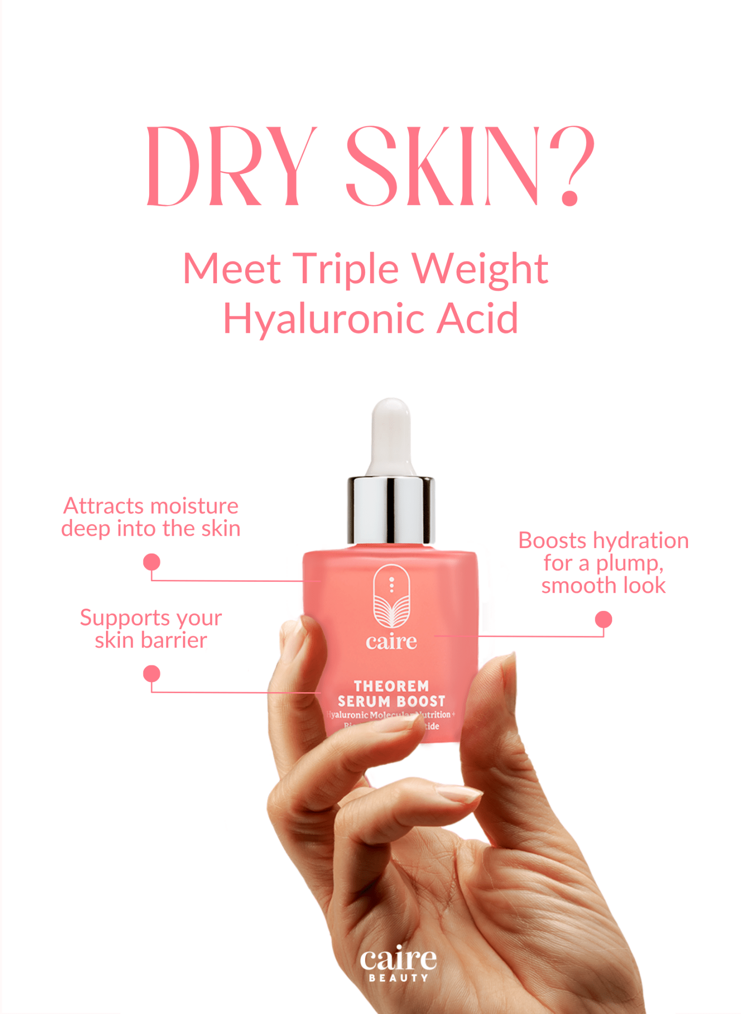 Caire Beauty Theorem Serum Boost bottle with dropper, highlighting its serum texture and sleek packaging design.