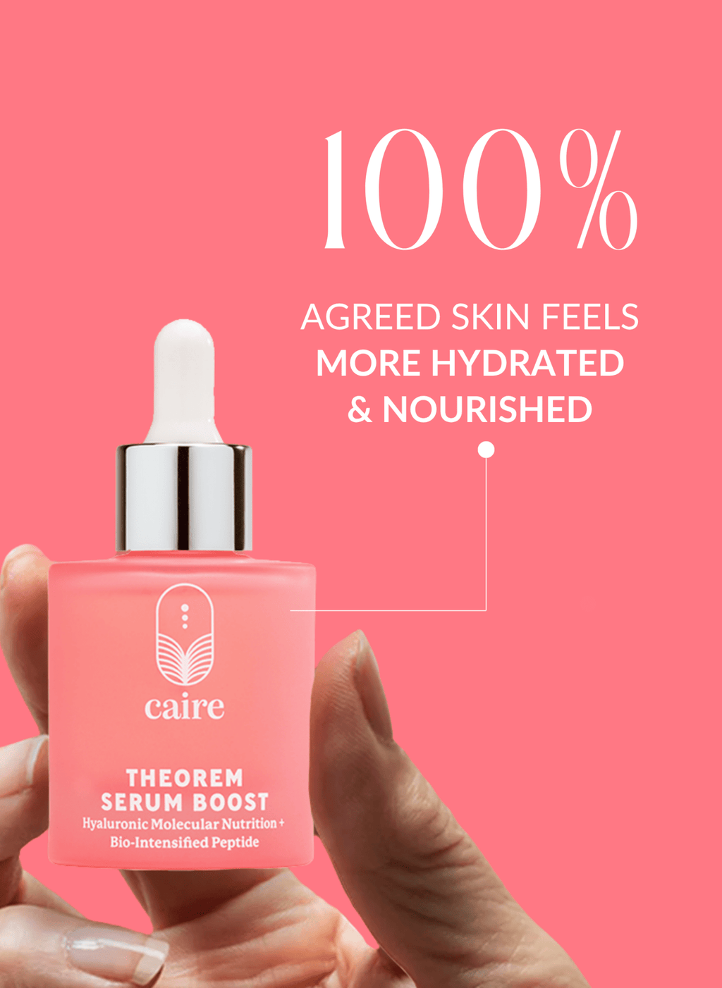 Caire Beauty Theorem Serum Boost bottle with dropper, clear serum inside, on a neutral background, showcasing the skincare product