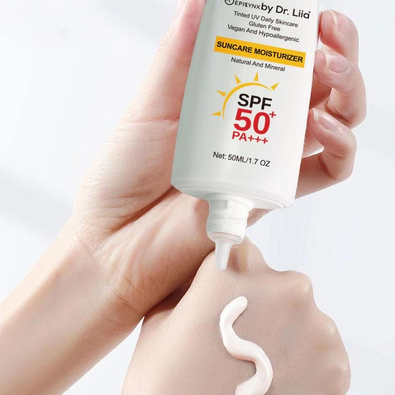 EpiLynx SPF 50 mineral suncare moisturizer with a tinted, hydrating formula for sensitive and vegan skin protection.